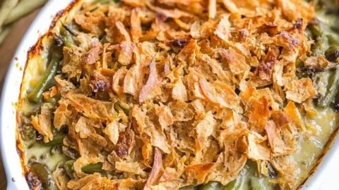 Delicious Campbell's green bean casserole ready to serve for the holidays.