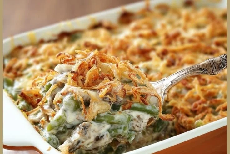 Delicious ultimate green bean casserole topped with crispy onions and served in a dish.