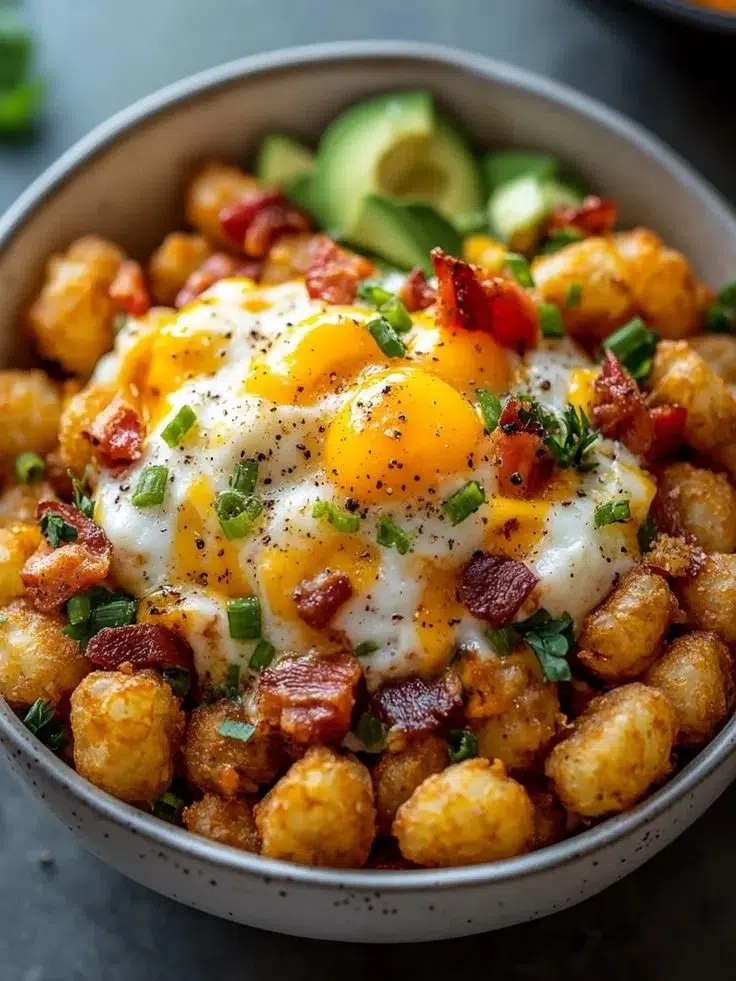 Ultimate Tater Tot Breakfast Bowl with eggs, cheese, and toppings