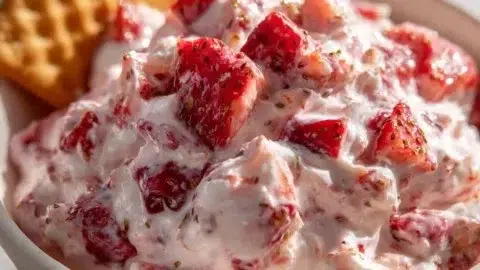 Valentine Strawberry Dessert Dip served with fresh strawberries for dipping