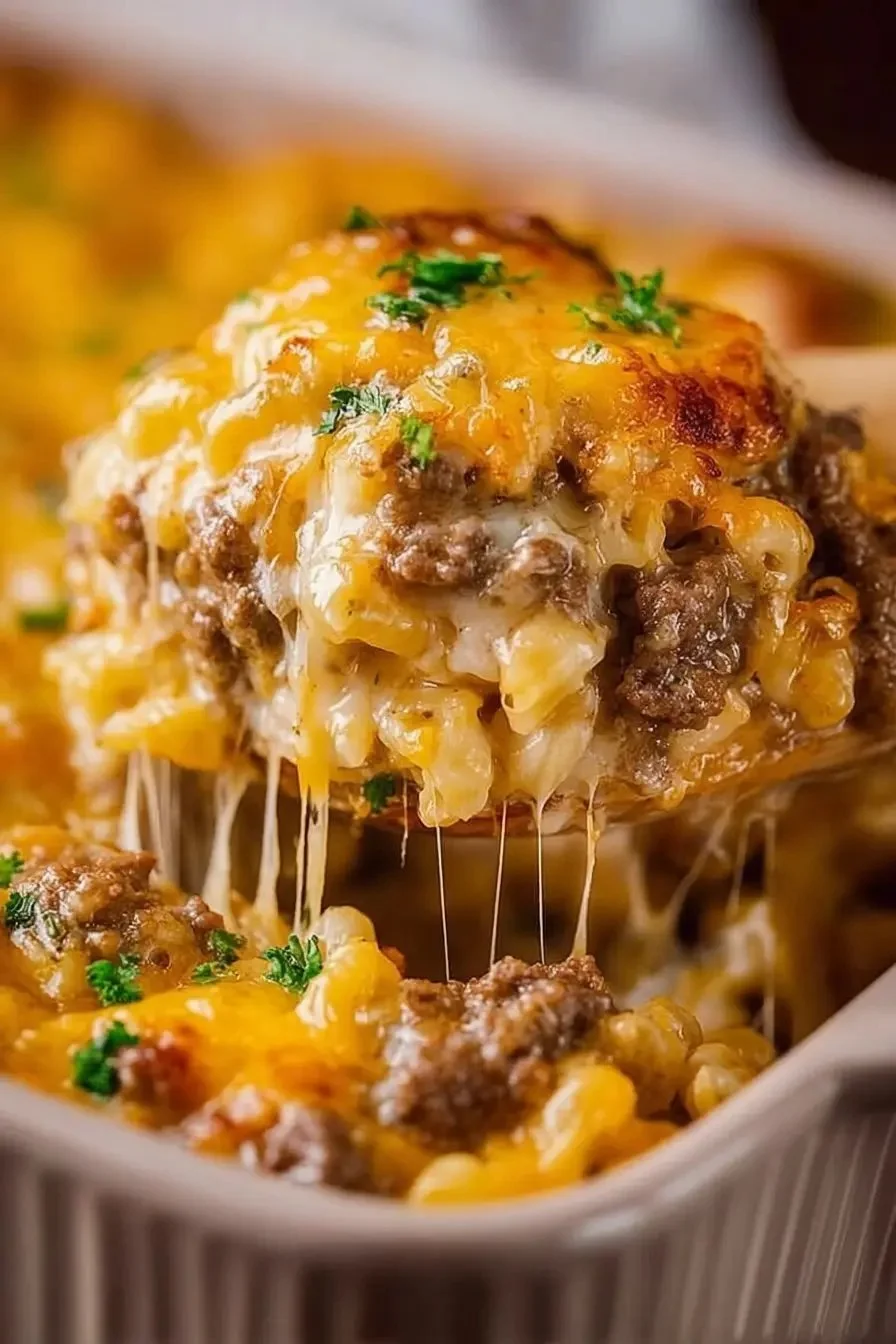 Easy 5-ingredient cheesy beef casserole ready for family dinner