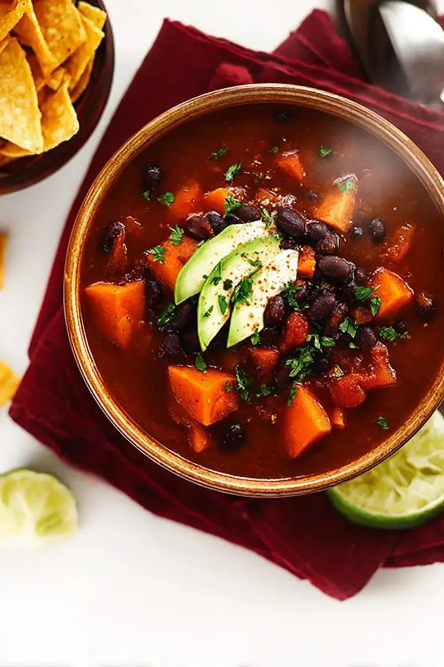 Bowl of 5-ingredient sweet potato black bean chili garnished with cilantro