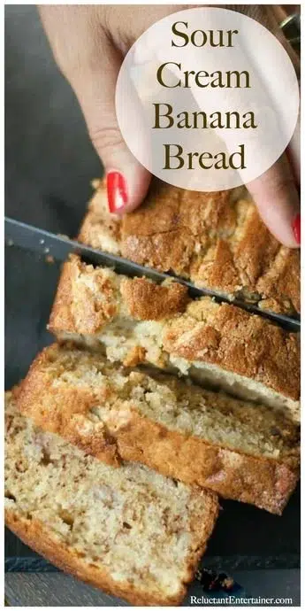 Delicious slice of best ever sour cream banana bread on a wooden table
