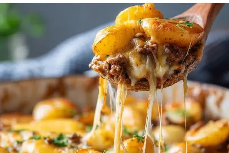Cheesy one pot beef and potatoes dish garnished with herbs