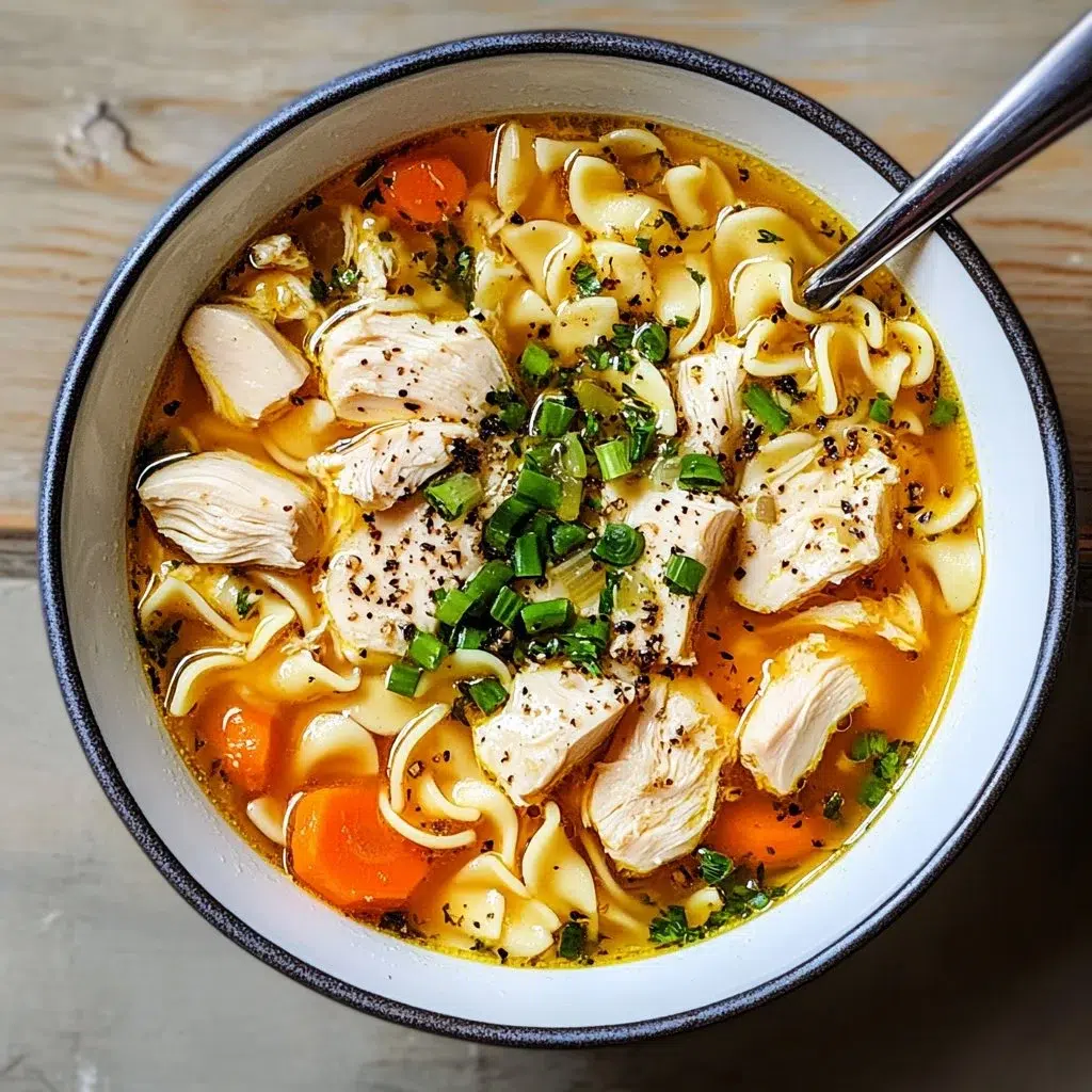 Bowl of homemade chicken noodle soup filled with noodles, chicken, and vegetables
