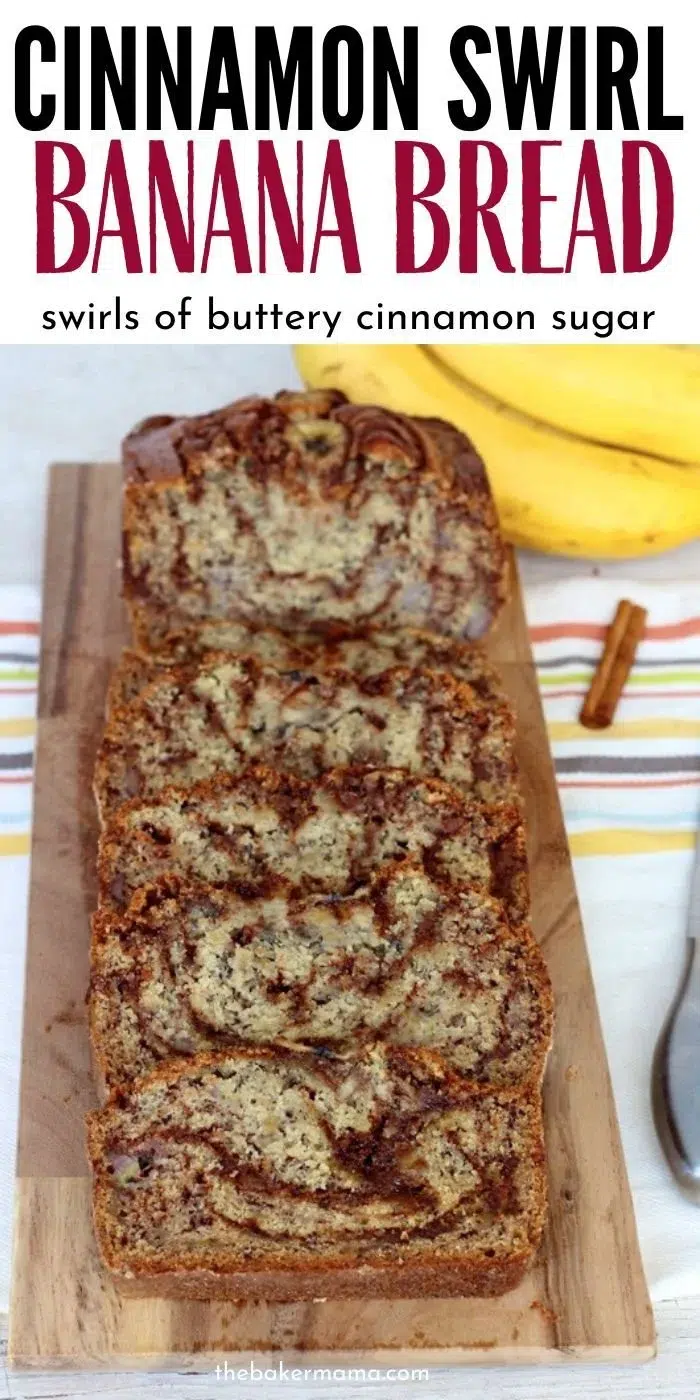 Sliced cinnamon swirl banana bread on a wooden cutting board