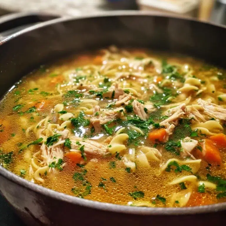 Bowl of classic one-pot chicken noodle soup with vegetables and noodles