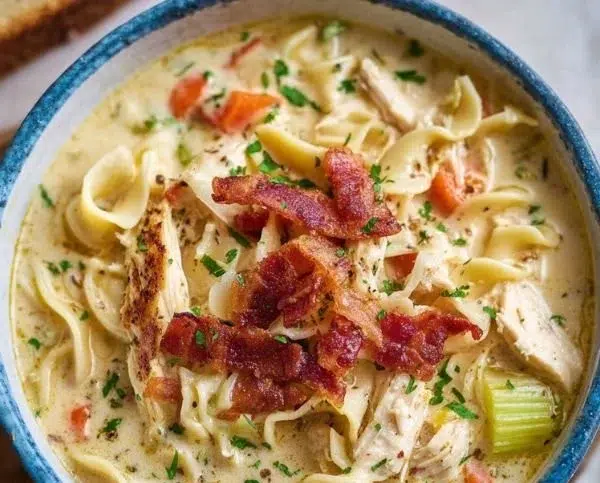 Bowl of creamy Crack Chicken Noodle Soup garnished with herbs and chicken pieces.