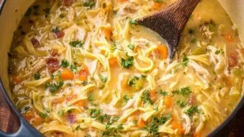 Delicious bowl of Crack Chicken Noodle Soup with herbs and noodles