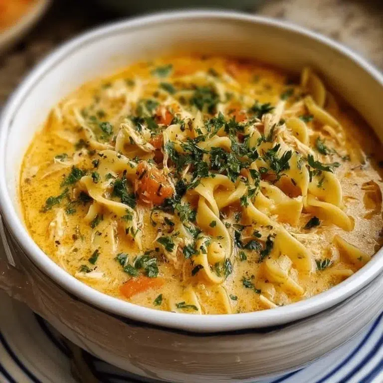 Bowl of creamy Crack Chicken Noodle Soup with vegetables and herbs