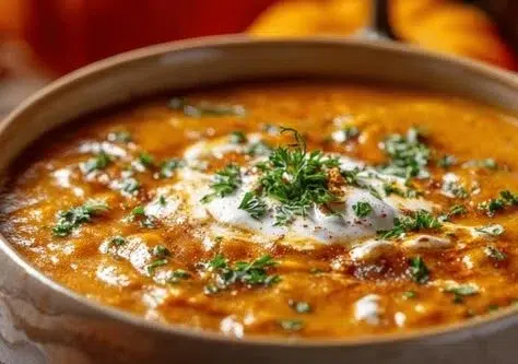 Delicious creamy white bean and turkey pumpkin chili served in a bowl