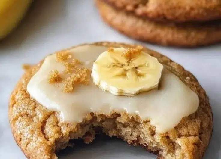 Crumbl banana bread cookies with cream cheese glaze on a white plate.