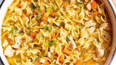 Hearty Dutch Oven Chicken Noodle Soup served in a rustic bowl, garnished with herbs.