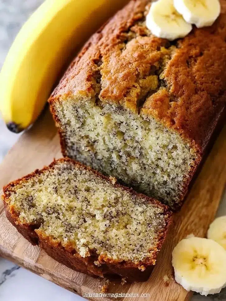 Loaf of easy homemade banana bread on a wooden table