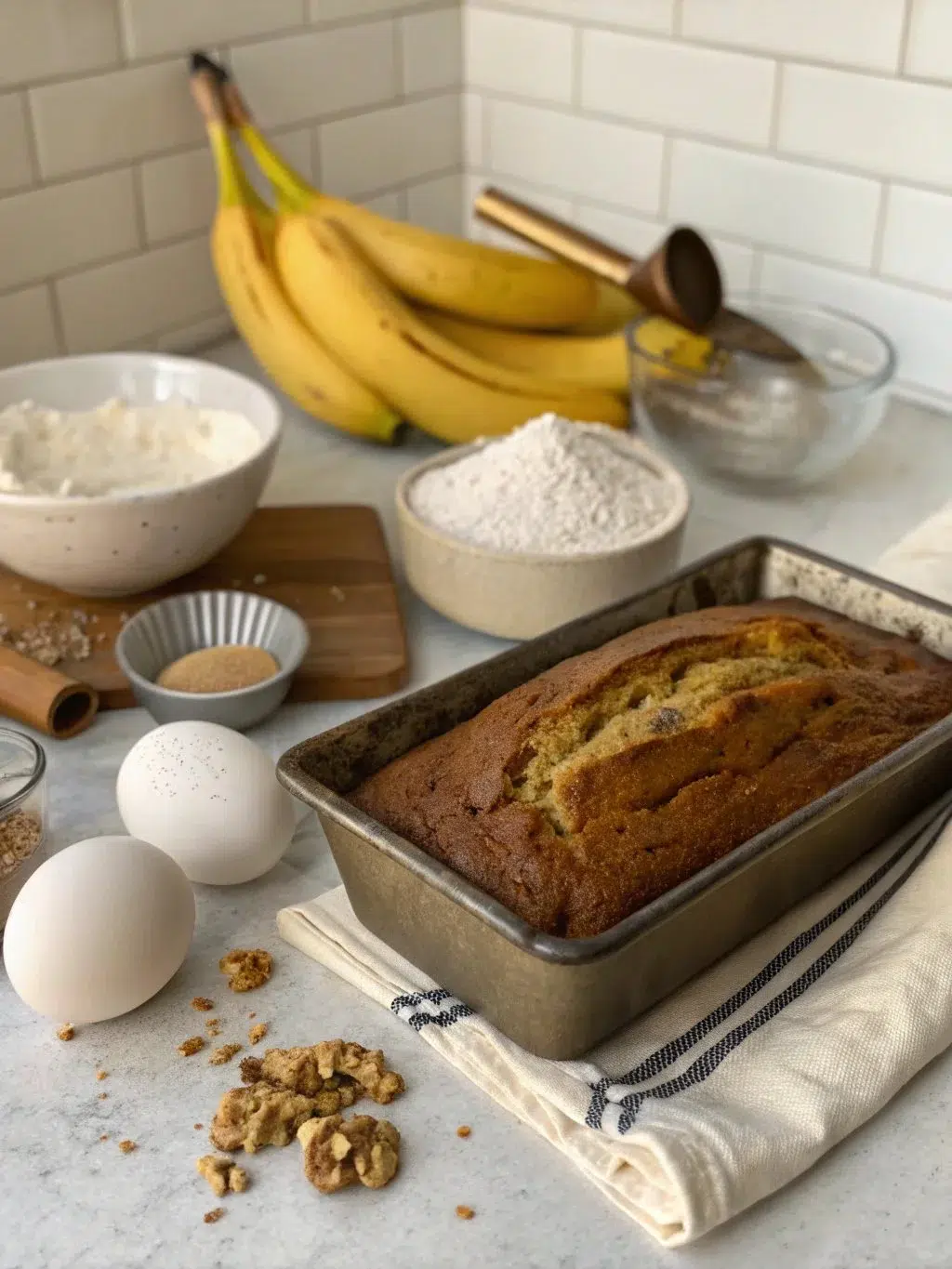 Sliced easy banana bread on a wooden surface, perfect for breakfast