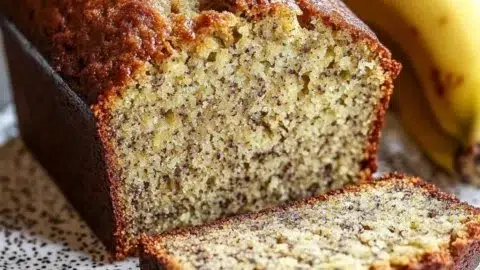 Sliced easy moist banana bread on a wooden board