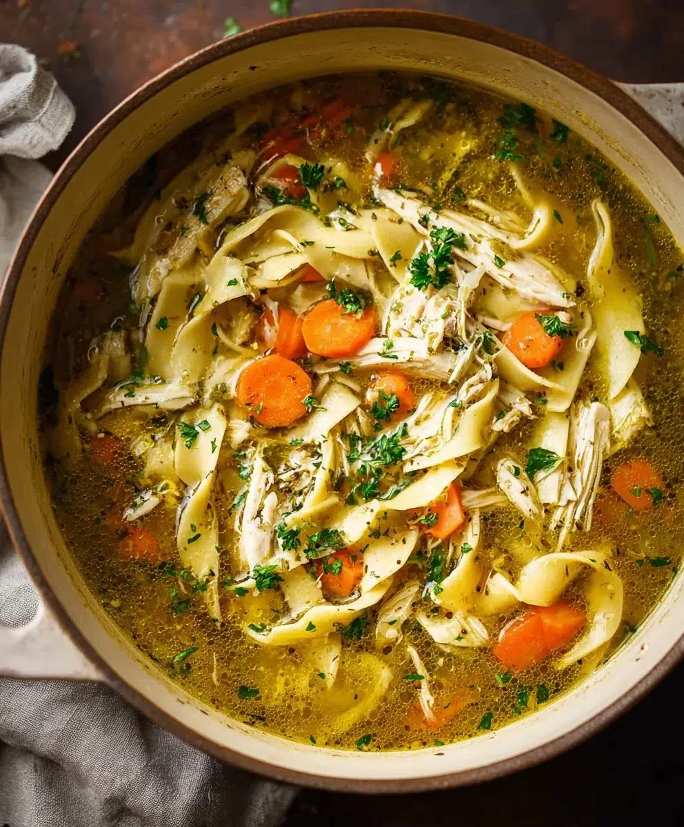 A bowl of hearty chicken noodle soup, filled with chicken, vegetables, and noodles.