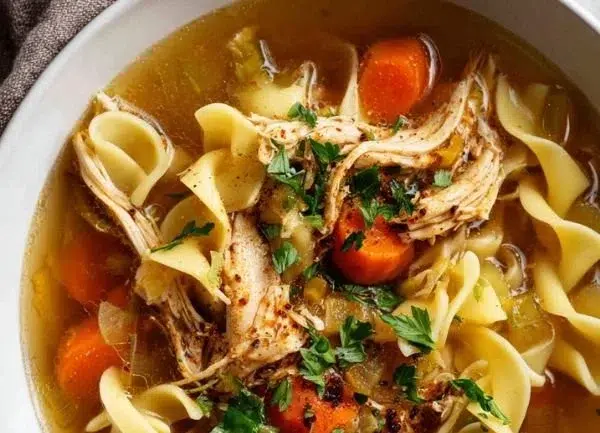 Bowl of homemade chicken noodle soup with fresh vegetables and herbs