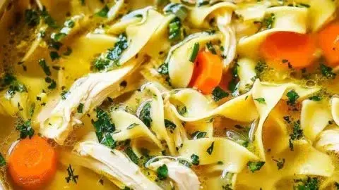 Bowl of the best chicken noodle soup with fresh ingredients