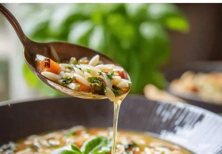Bowl of Mediterranean orzo soup with fresh herbs and vegetables