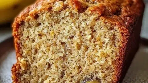 Moist banana bread sliced on a wooden table with bananas