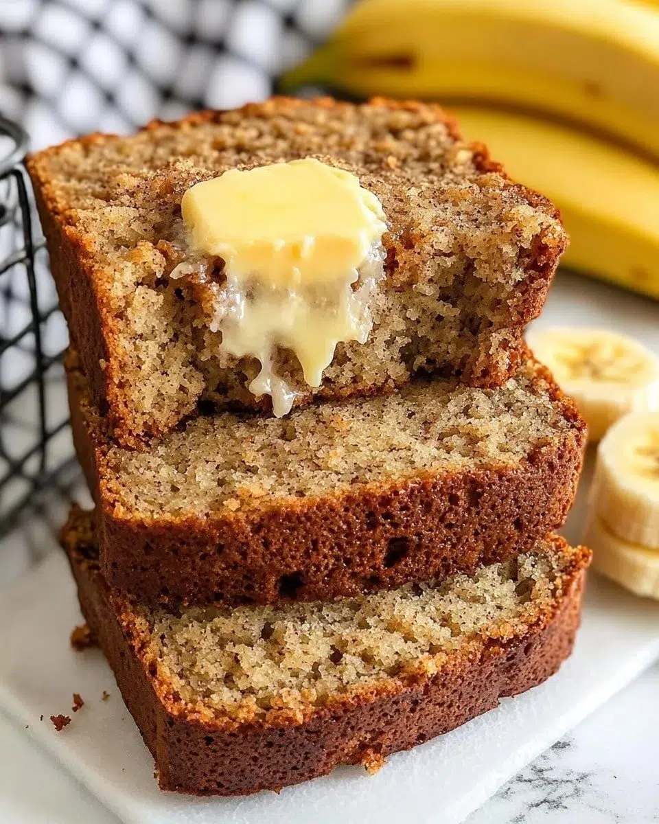 Moist banana bread freshly baked and sliced on a wooden cutting board.