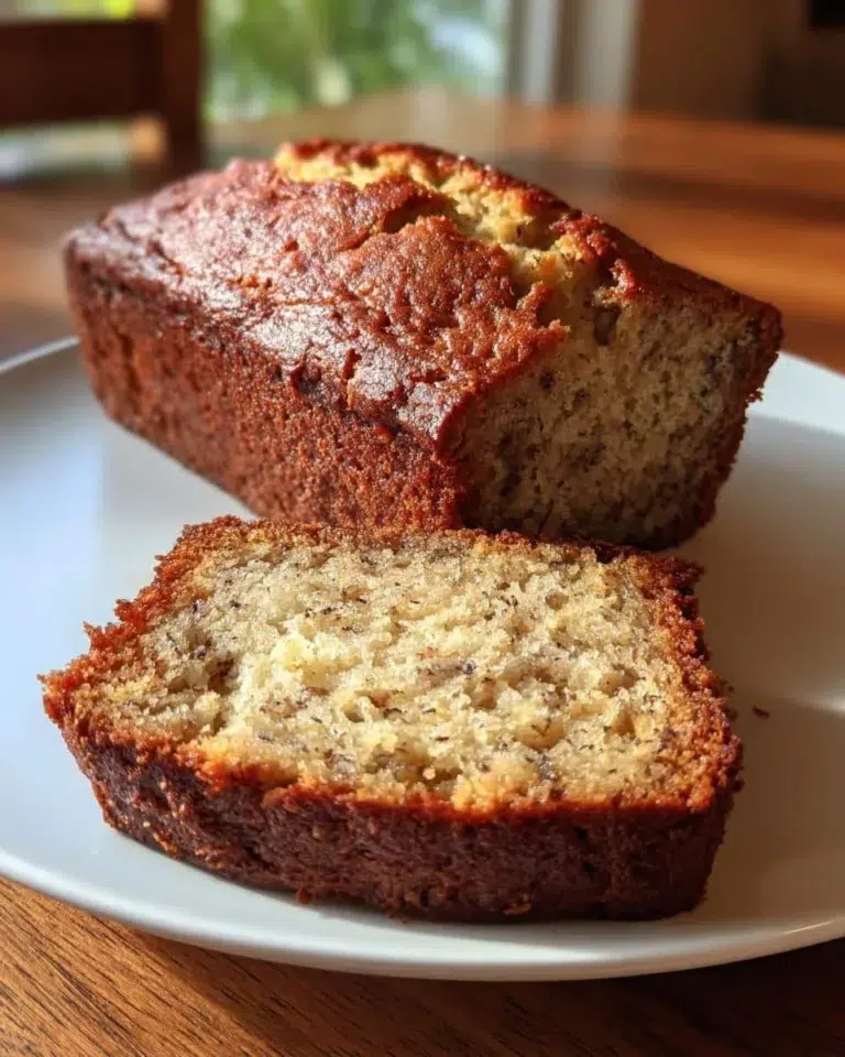 Freshly baked moist banana bread made with three ripe bananas