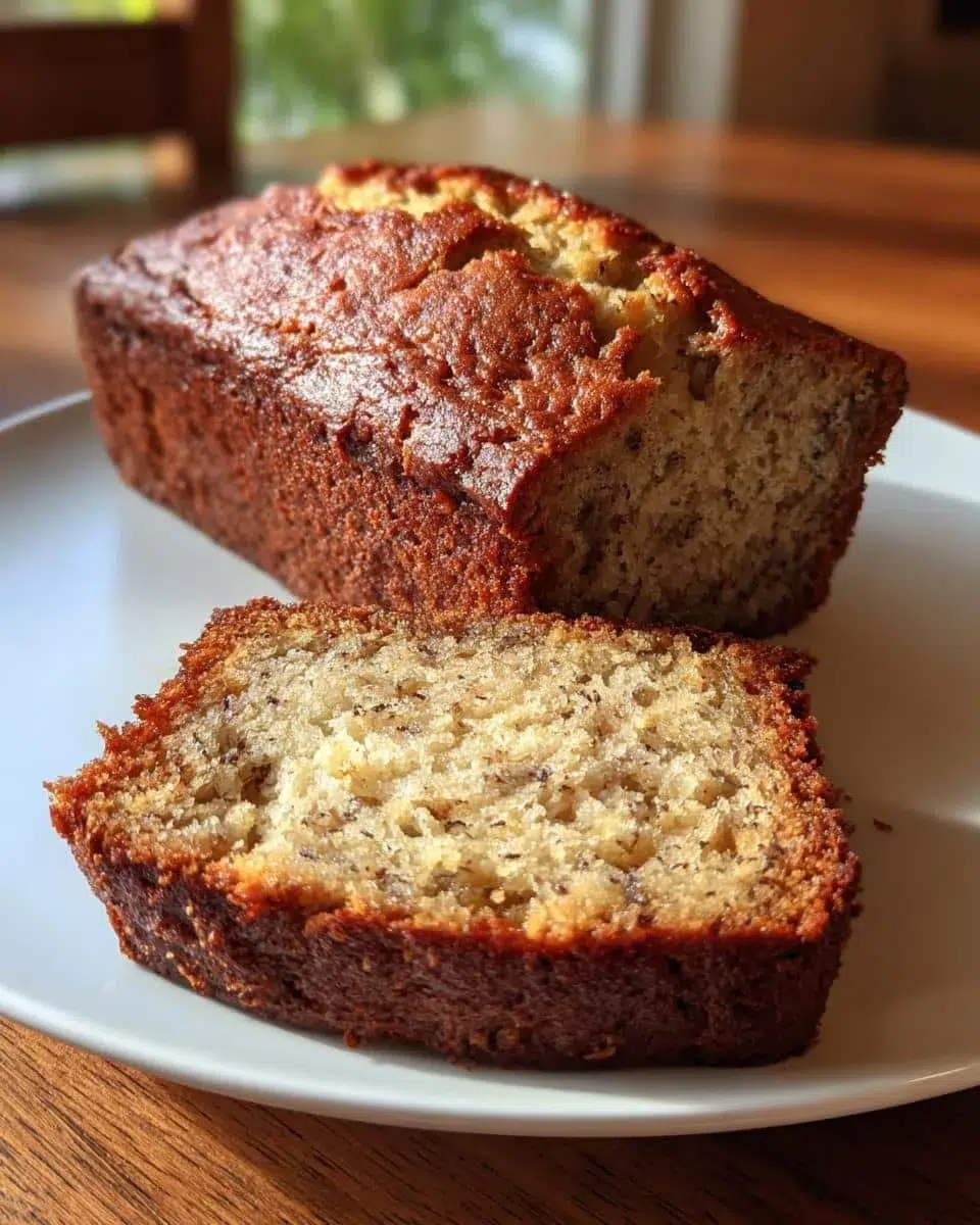 Freshly baked moist banana bread made with three ripe bananas