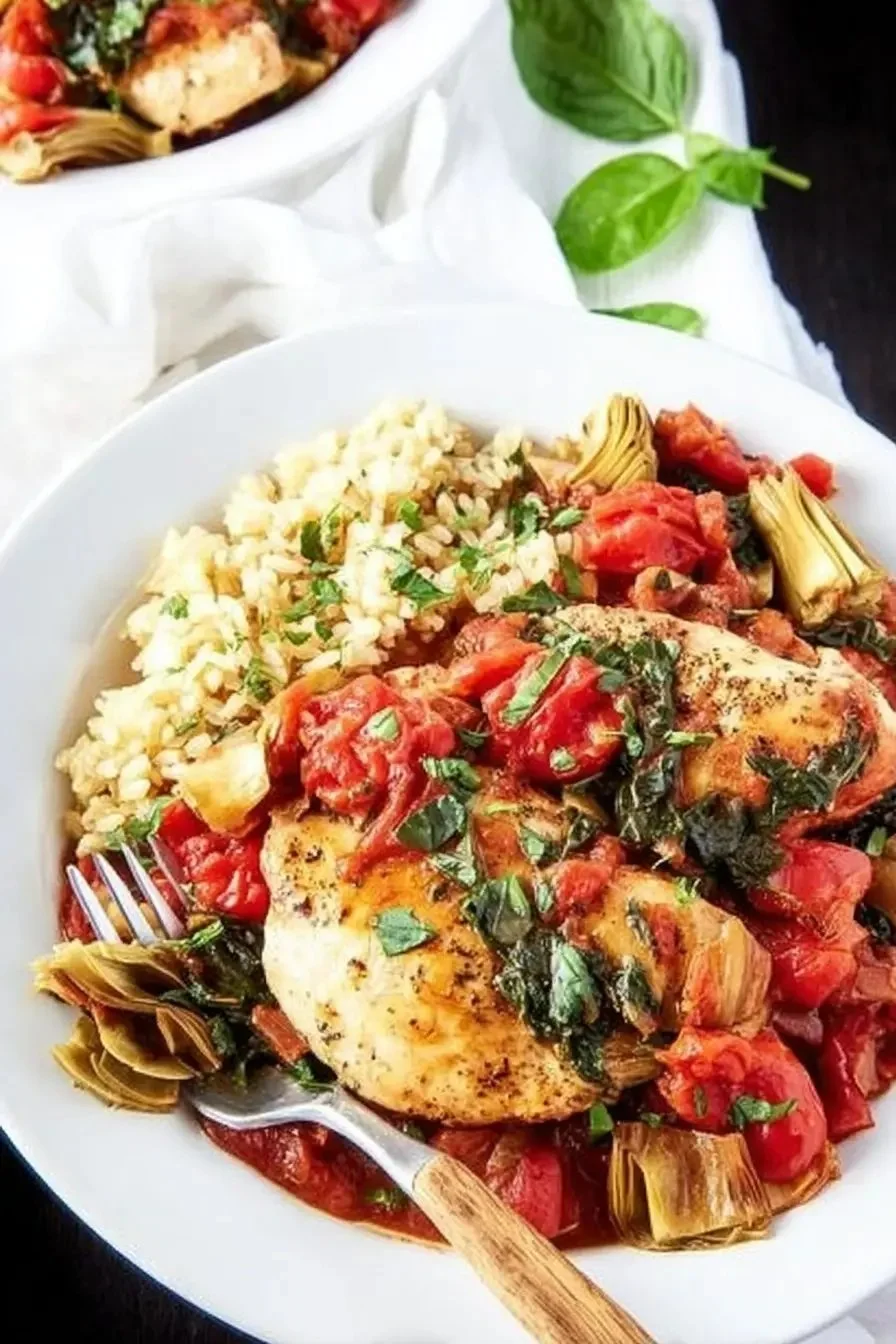 Easy 30-minute Tomato Artichoke Chicken skillet dinner preparation
