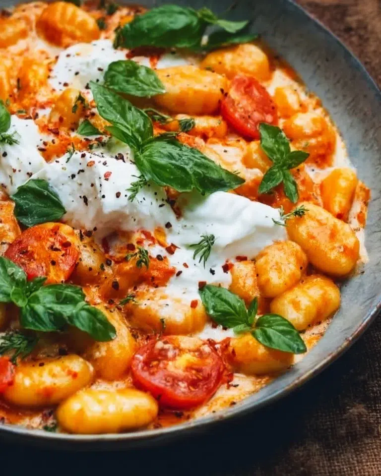 30 Minute Creamy Tomato Gnocchi with Burrata 1 Bowl of creamy tomato gnocchi with burrata cheese on top