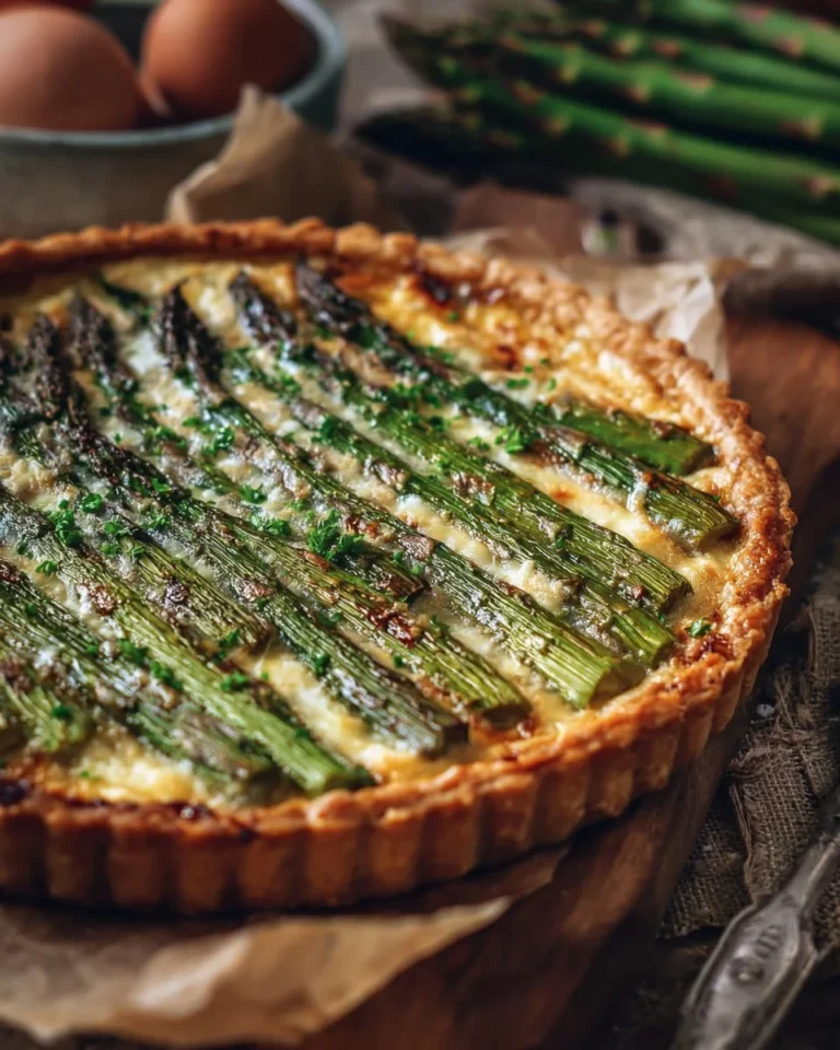 Asparagus Gruyere Tart on a rustic wooden table