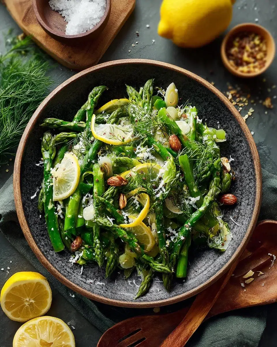 Asparagus salad drizzled with lemon vinaigrette served on a white plate