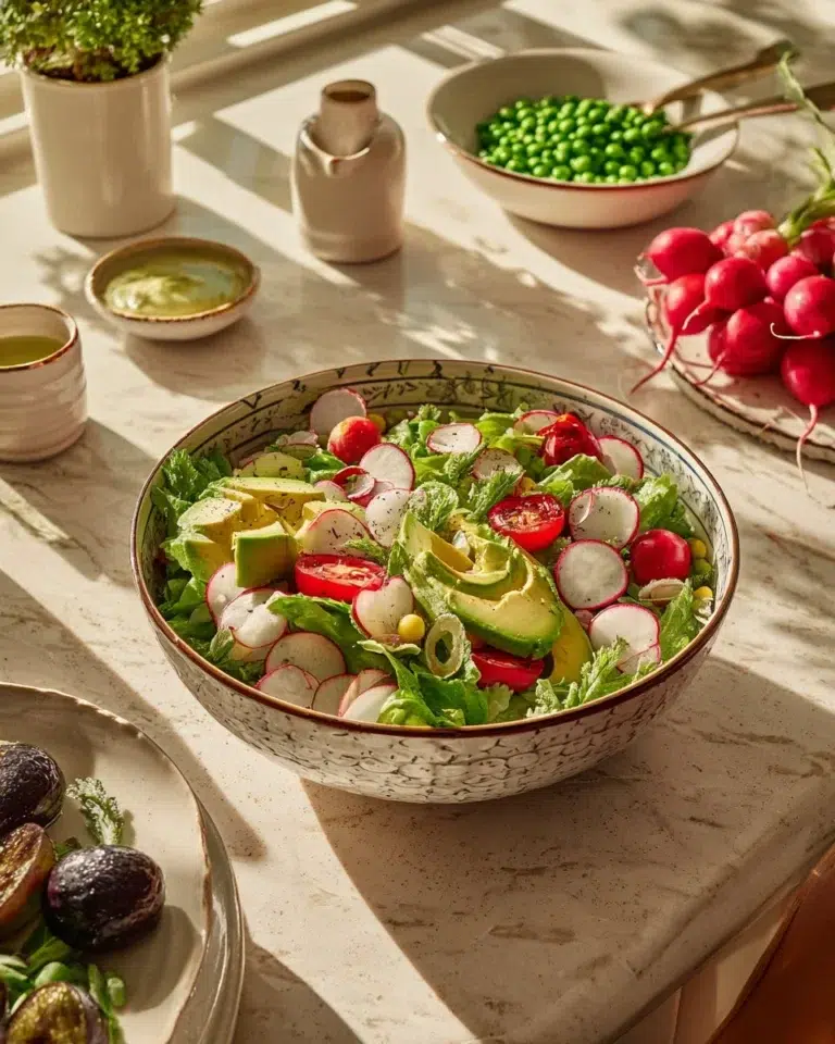 Colorful bright spring salad with mixed greens, cherry tomatoes, and radishes