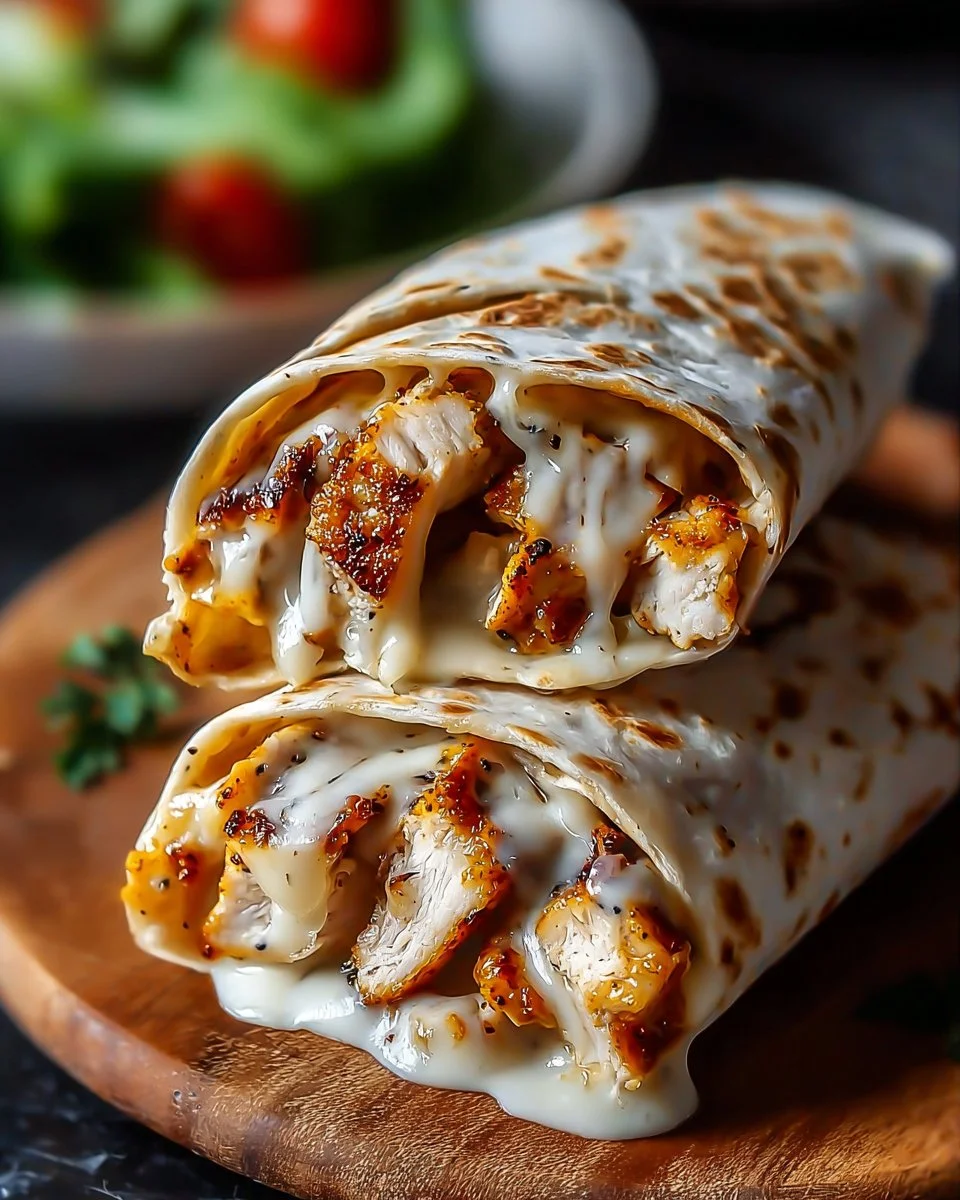 Cheesy Garlic Chicken Wraps Recipe 1 Delicious cheesy garlic chicken wraps ready to serve.