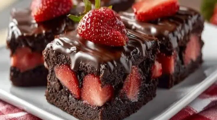 Delicious chocolate-covered strawberry brownies on a plate