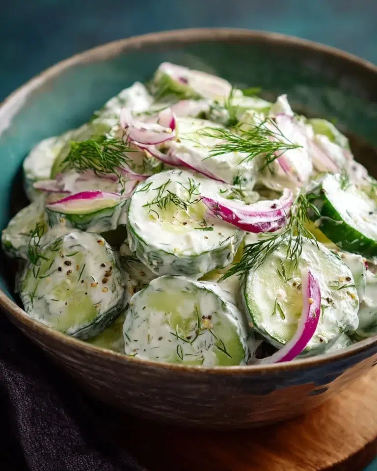 Creamy cucumber salad in a bowl garnished with fresh herbs