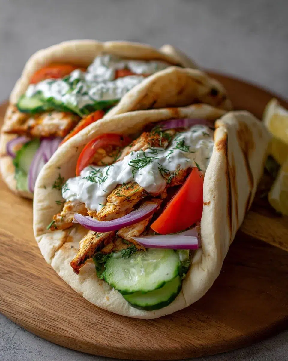 Crockpot Greek Chicken Pitas with Tzatziki served on a plate