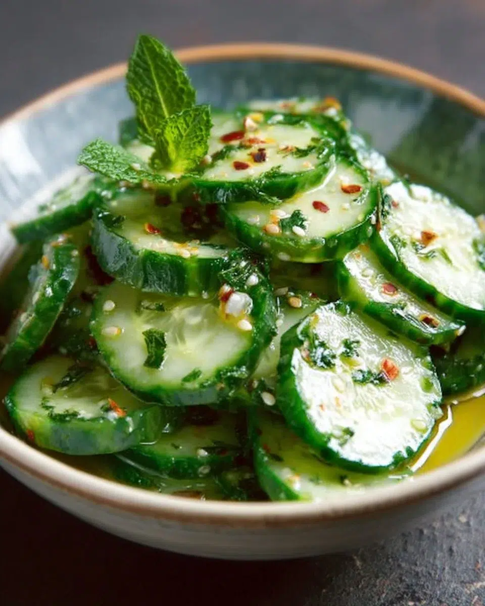 A vibrant cucumber salad with fresh ingredients ready to serve.