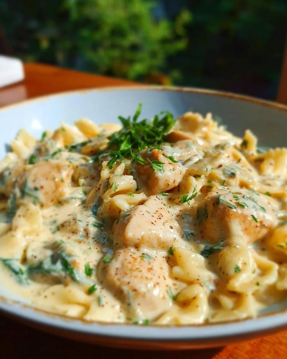 Dairy Free Chicken Alfredo 1 Dairy Free Chicken Alfredo served in a bowl with fresh parsley on top.