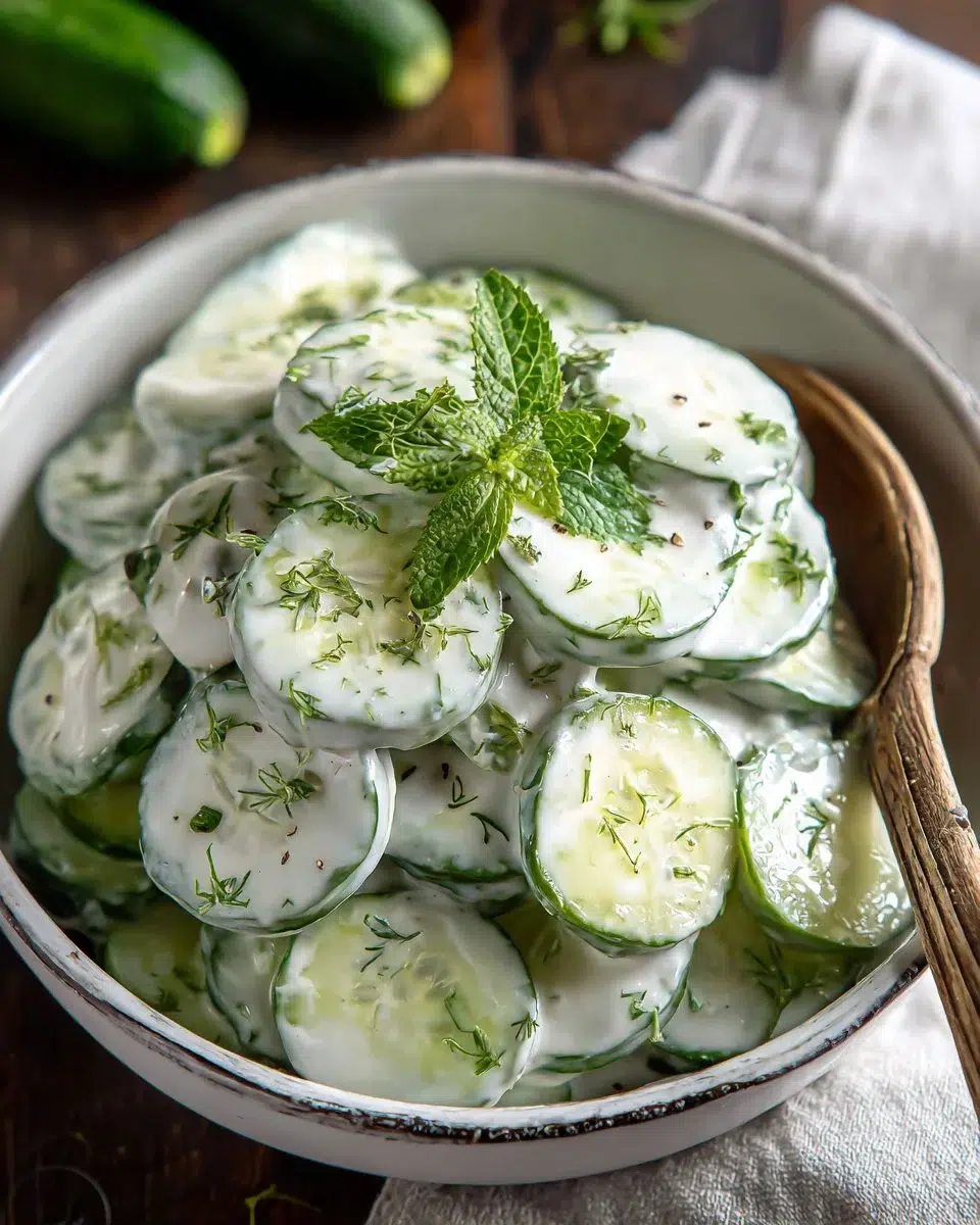Easy creamy cucumber salad with fresh ingredients in a bowl