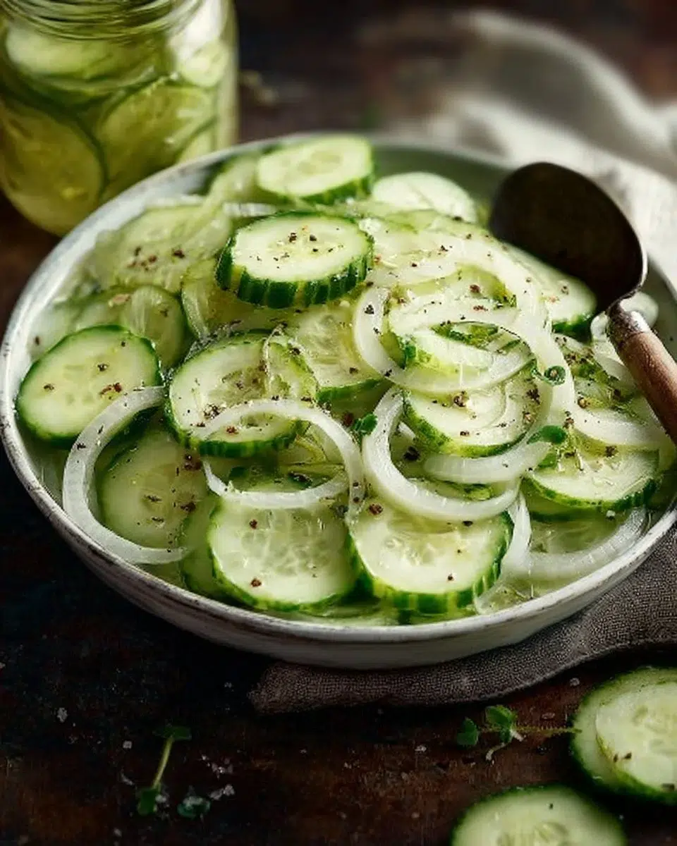 Fresh cucumber salad with sweet onion and vinegar dressing