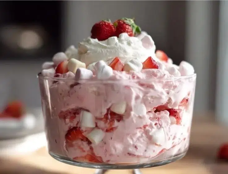 Easy Strawberry Fluff dessert topped with fresh strawberries