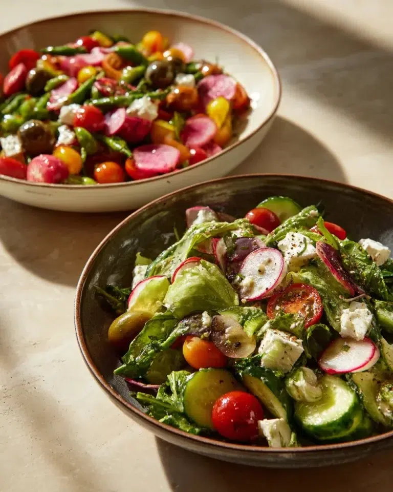A colorful green spring salad featuring fresh vegetables and herbs.