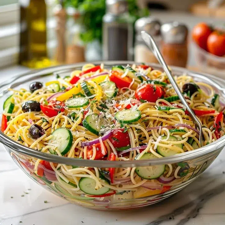 Delicious and healthy pasta salad with fresh vegetables and dressings
