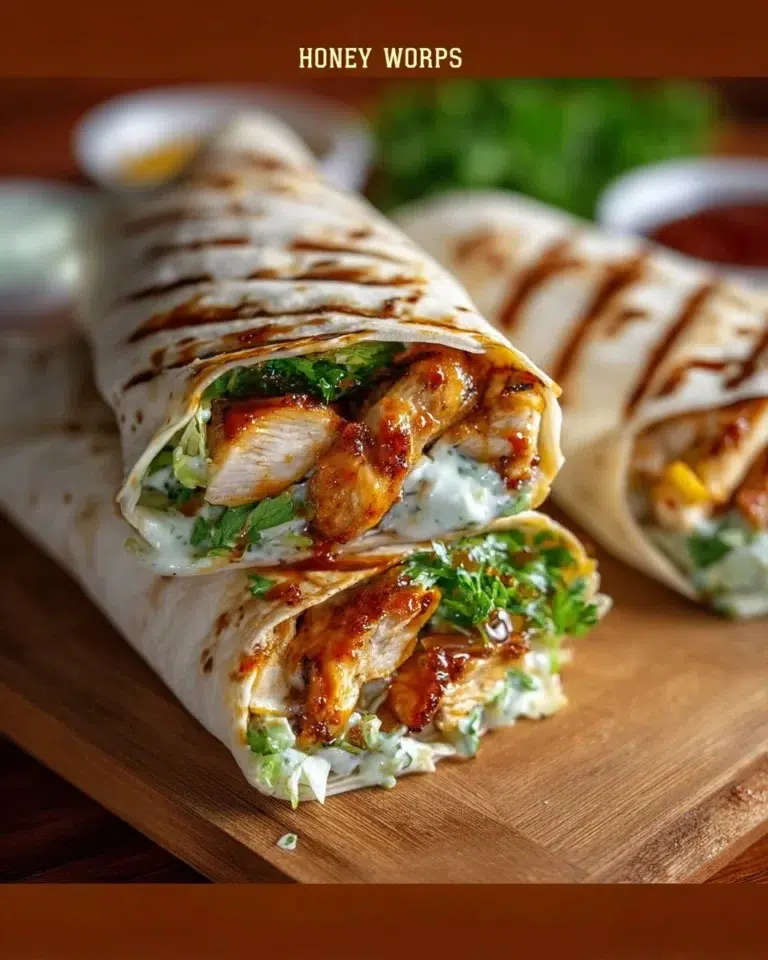 Delicious honey BBQ chicken wraps garnished with fresh veggies.