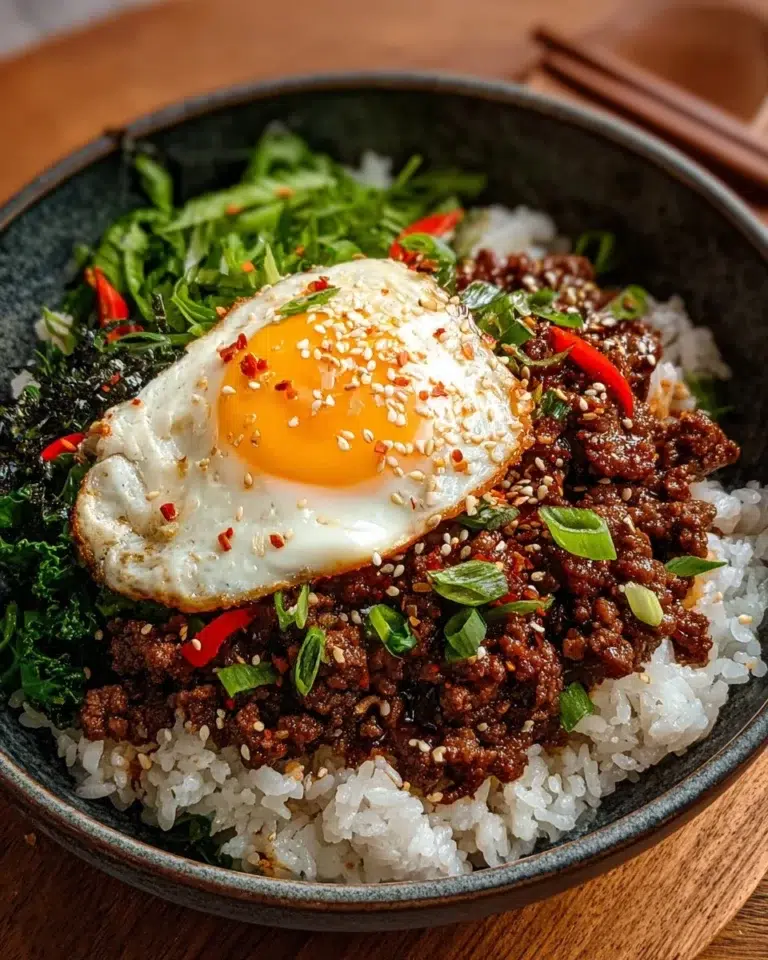 Delicious Korean ground beef bowl topped with vegetables and sesame seeds.