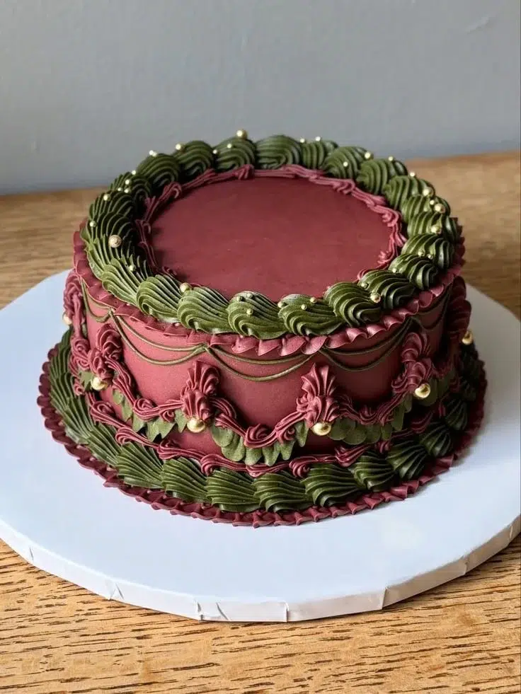 Beautiful vintage birthday cake featuring fall colors of olive and burgundy.