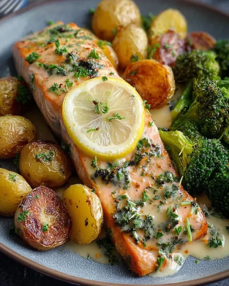 Lemon butter salmon served with crispy potatoes and broccoli on a plate