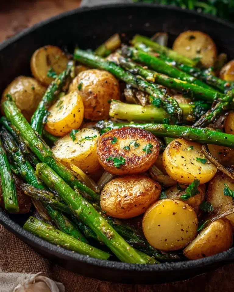 One-Pan Garlic Potatoes and Asparagus dish ready to serve