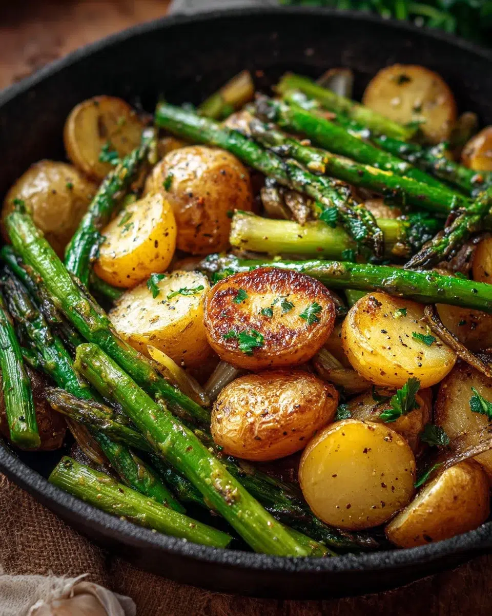 One-Pan Garlic Potatoes and Asparagus dish ready to serve
